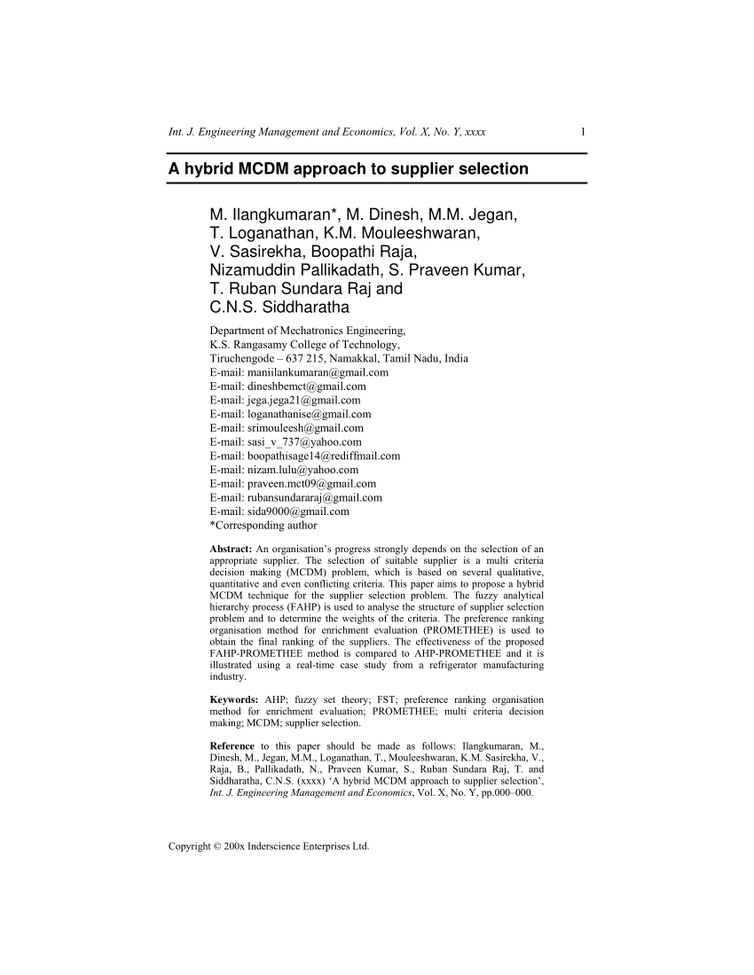 PDF) A hybrid MCDM approach to supplier selection