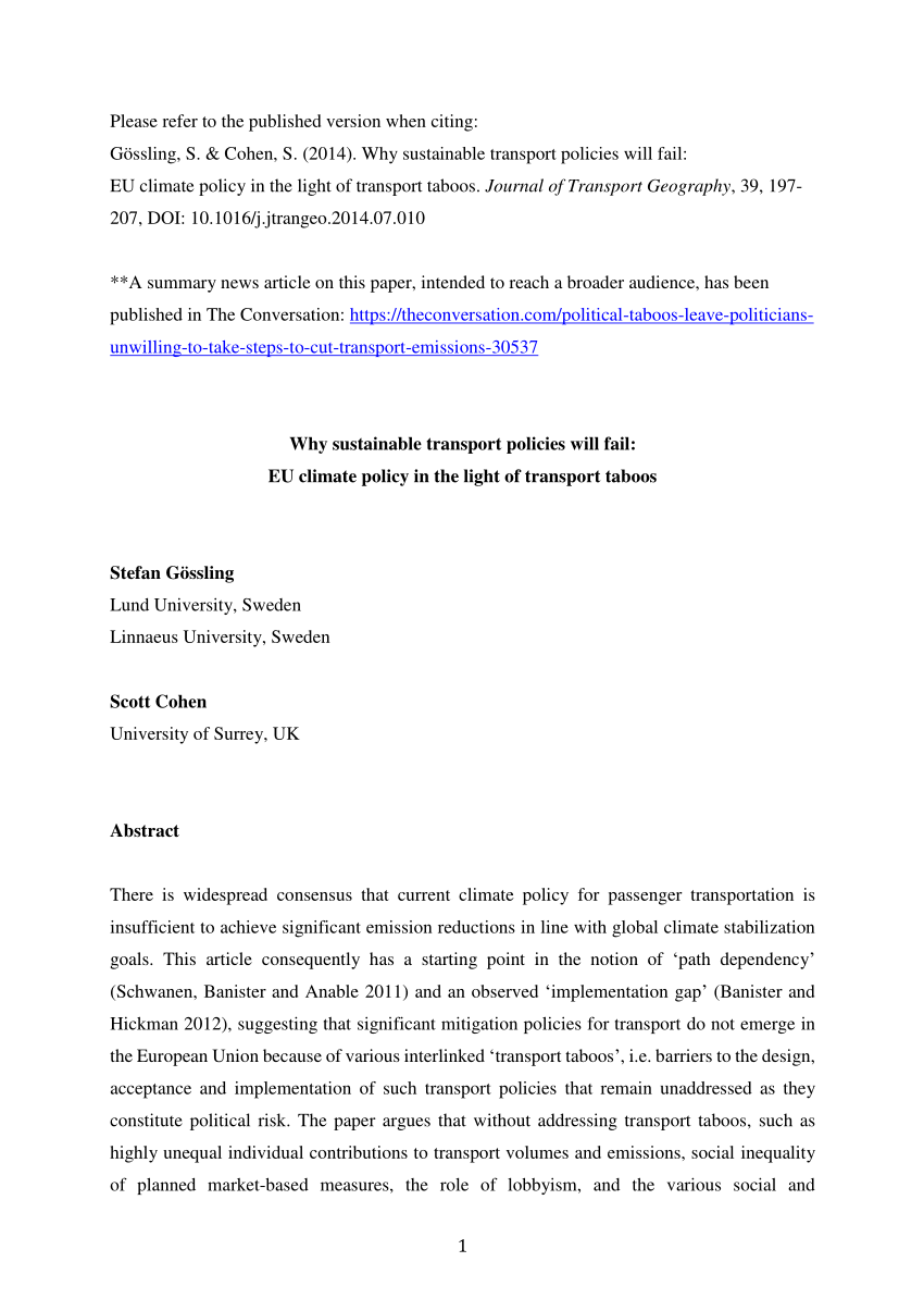 Pdf Why Sustainable Transport Policies Will Fail Eu Climate Policy In The Light Of Transport Taboos