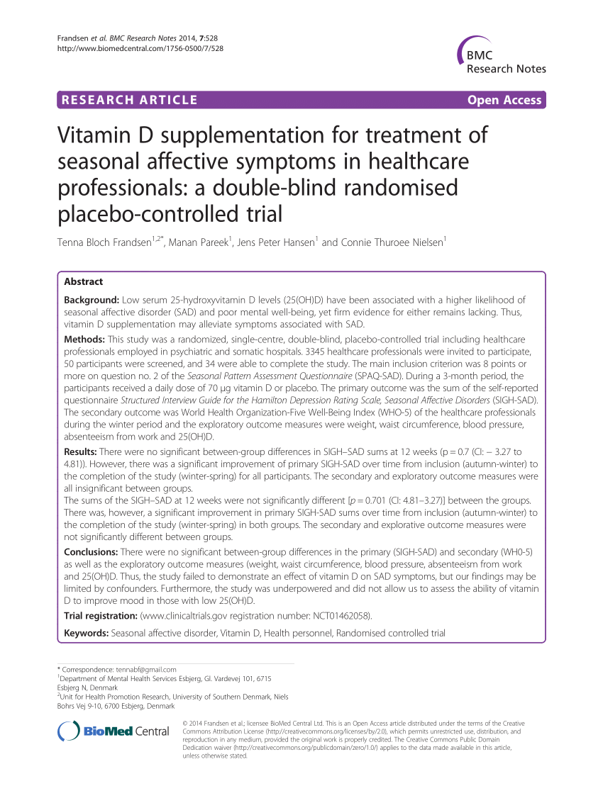 (PDF) Vitamin D supplementation for treatment of seasonal affective