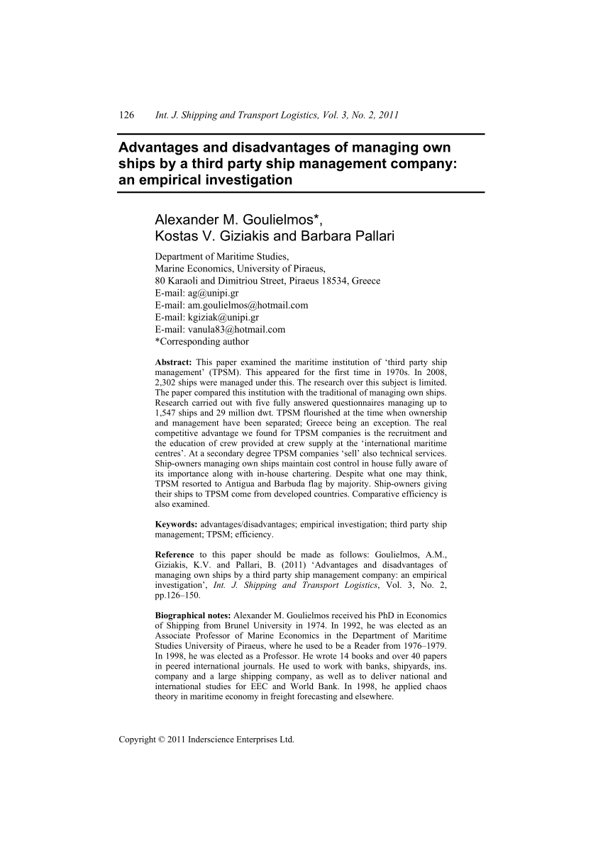 Pdf Advantages And Disadvantages Of Managing Own Ships By A Third Party Ship Management Company An Empirical Investigation