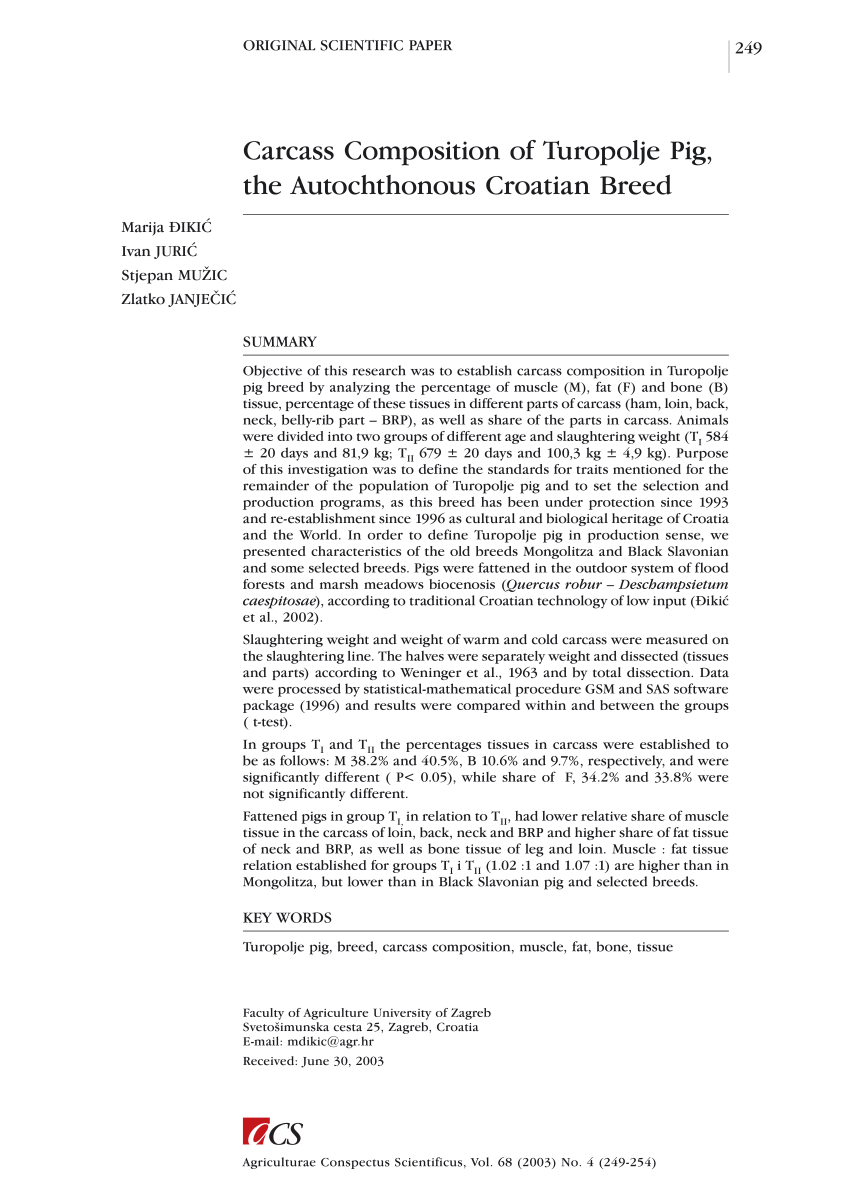 Pdf Carcass Composition Of Turopolje Pig The Autochthonous Croatian Breed