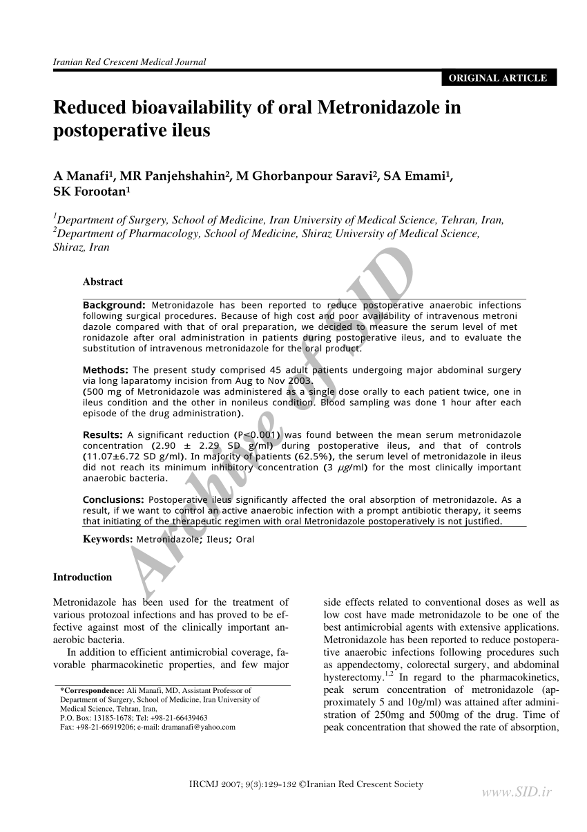 Pdf Reduced Bioavailability Of Oral Metronidazole In Postoperative Ileus