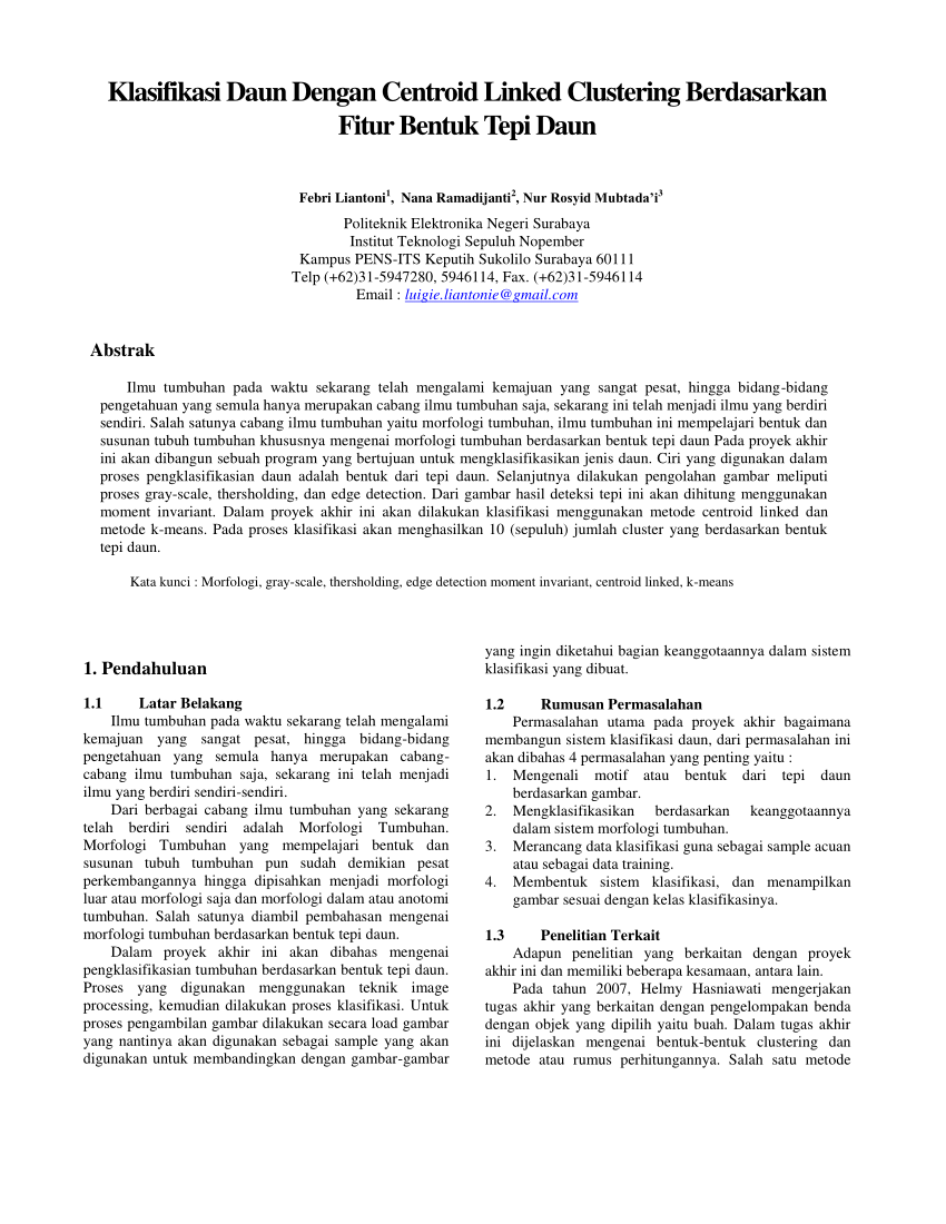 PDF Klasifikasi Daun Dengan Centroid Linked Clustering Berdasarkan