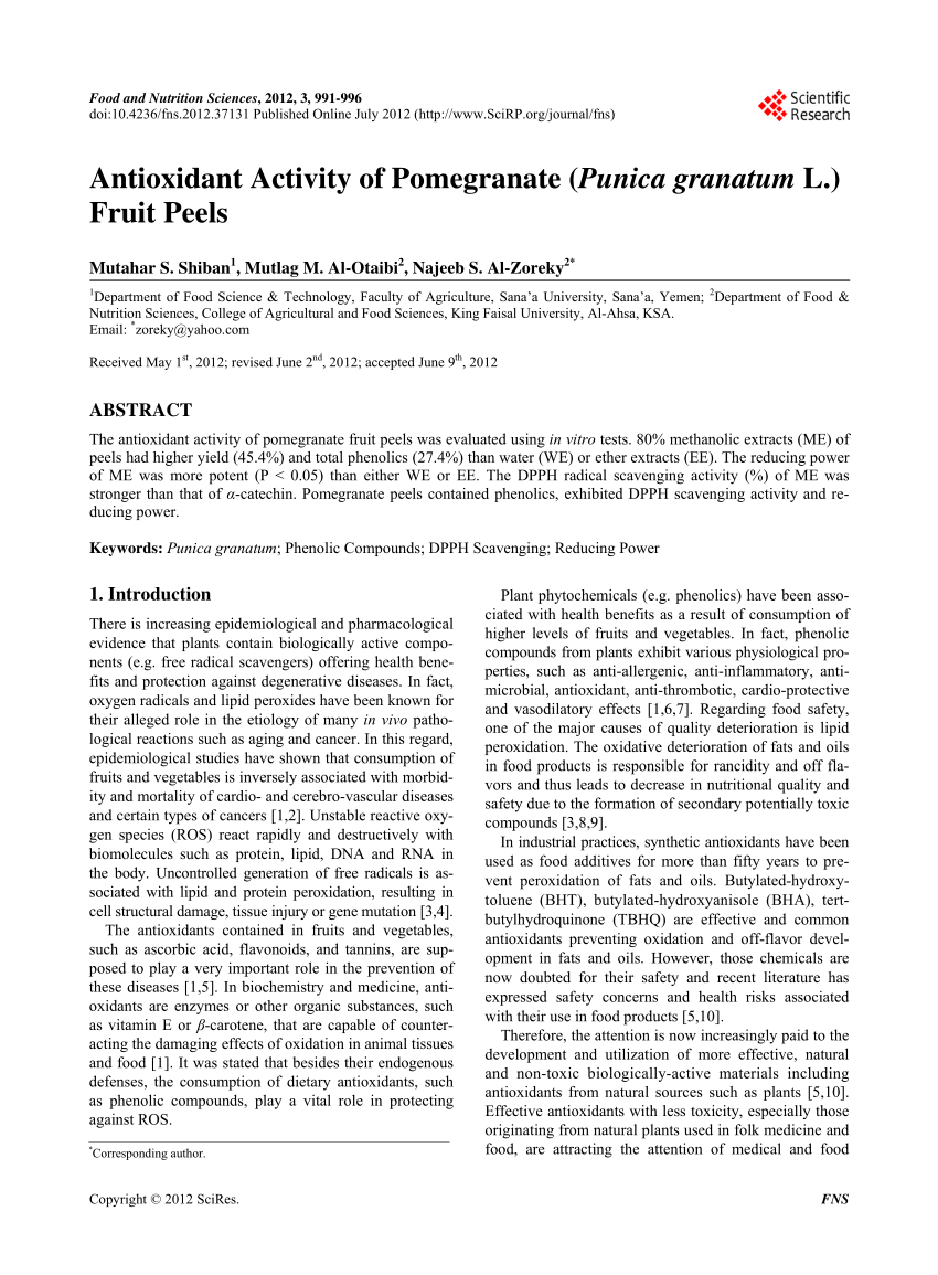 Antioxidant Activity Of Pomegranate Fruit