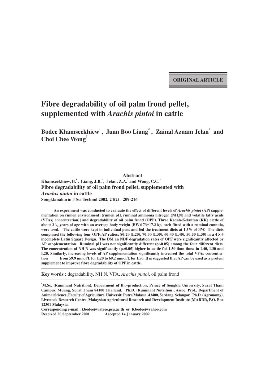 Pdf Fibre Degradability Of Oil Palm Frond Pellet Supplemented With Arachis Pintoi In Cattle