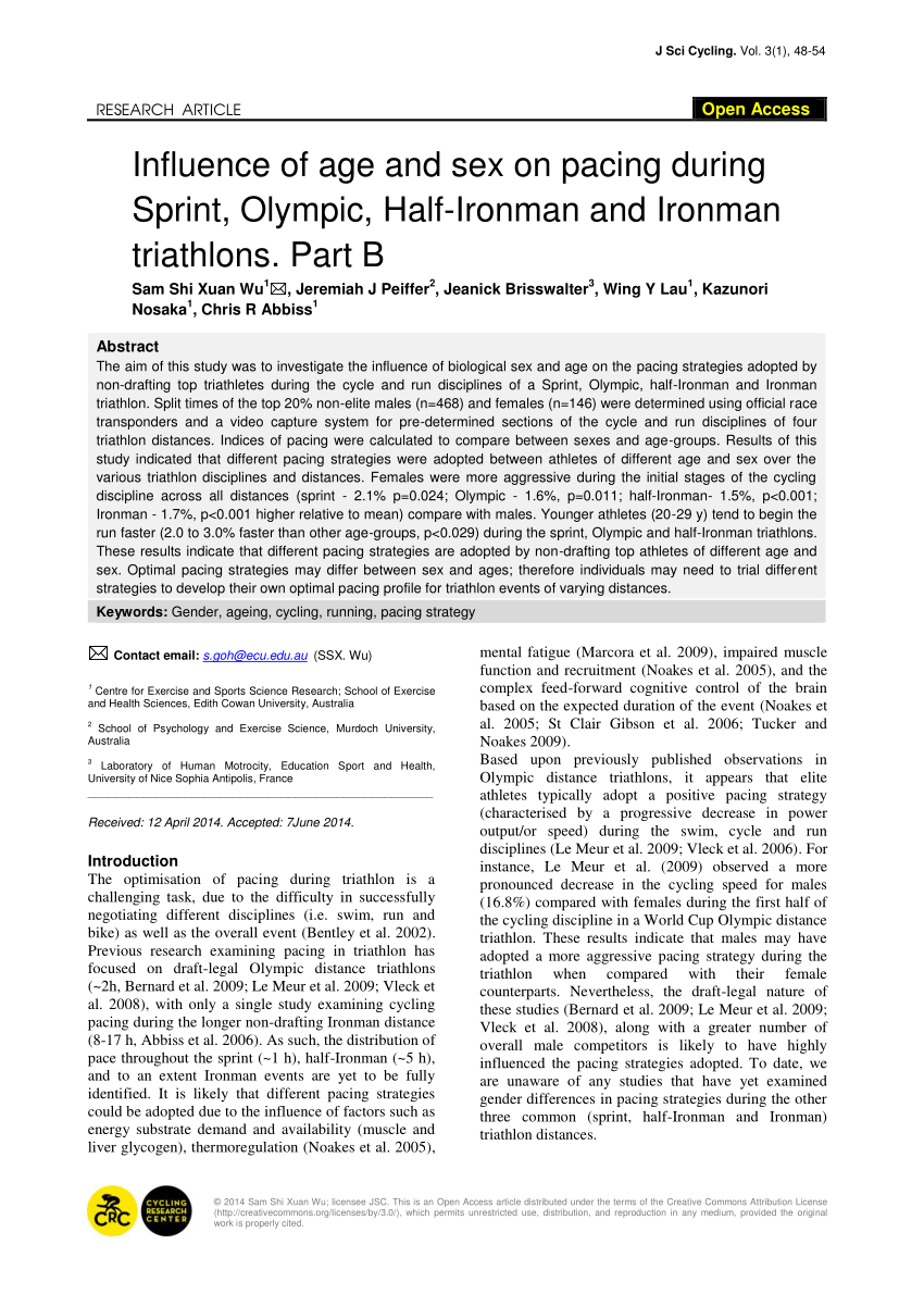 PDF) Influence of age and sex on pacing during Sprint, Olympic, Half-Ironman and Ironman triathlons