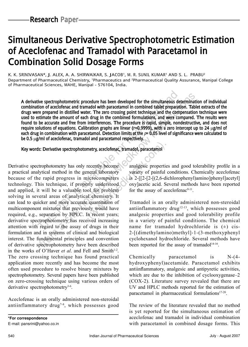 Pdf Simultaneous Derivative Spectrophotometric Estimation Of Aceclofenac And Tramadol With Paracetamol In Combination Solid Dosage Forms
