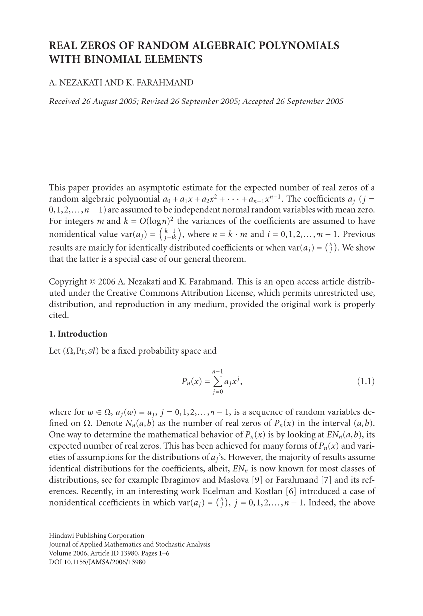 Pdf Real Zeros Of Random Algebraic Polynomials With Binomial Elements