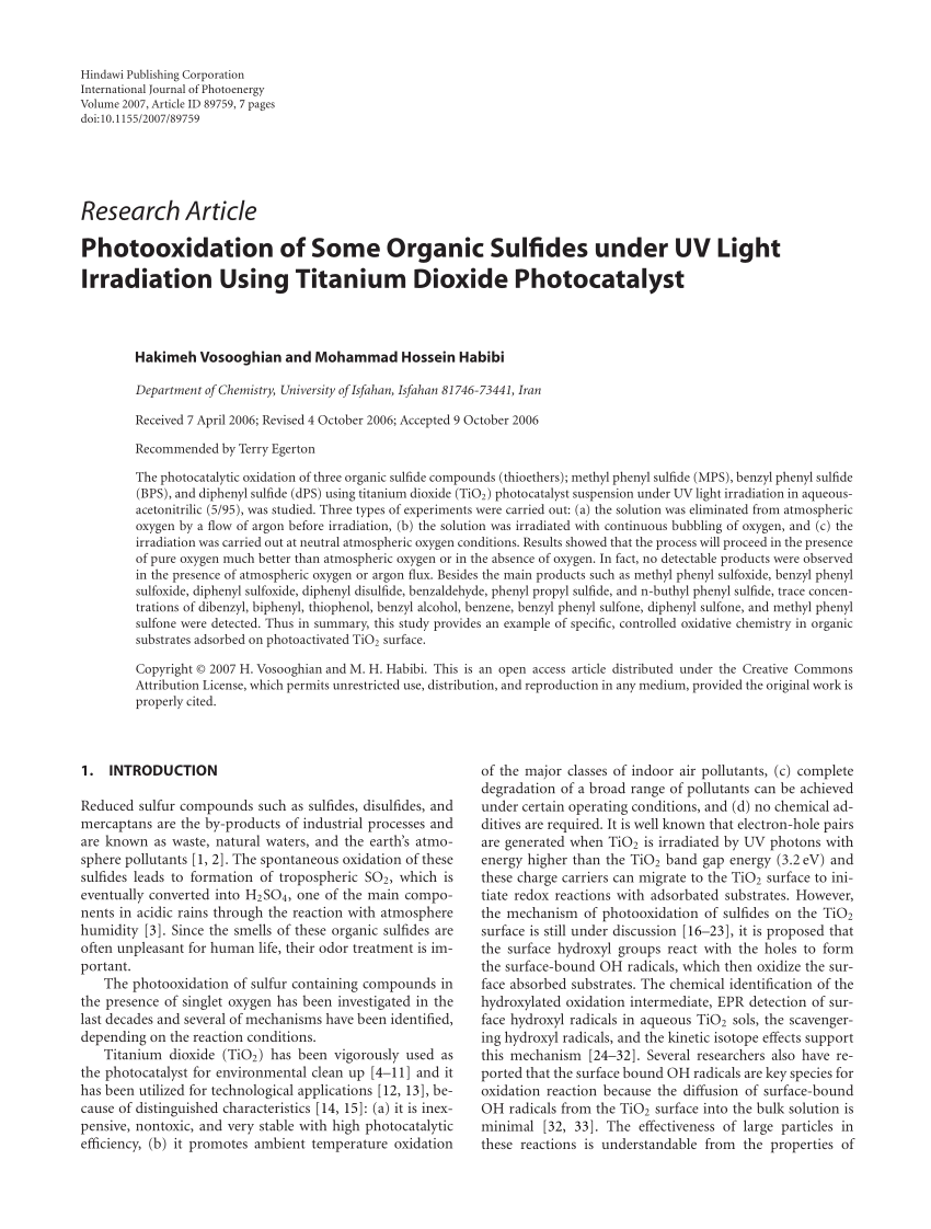 Pdf Photooxidation Of Some Organic Sulfides Under Uv Light Irradiation Using Titanium Dioxide Photocatalyst