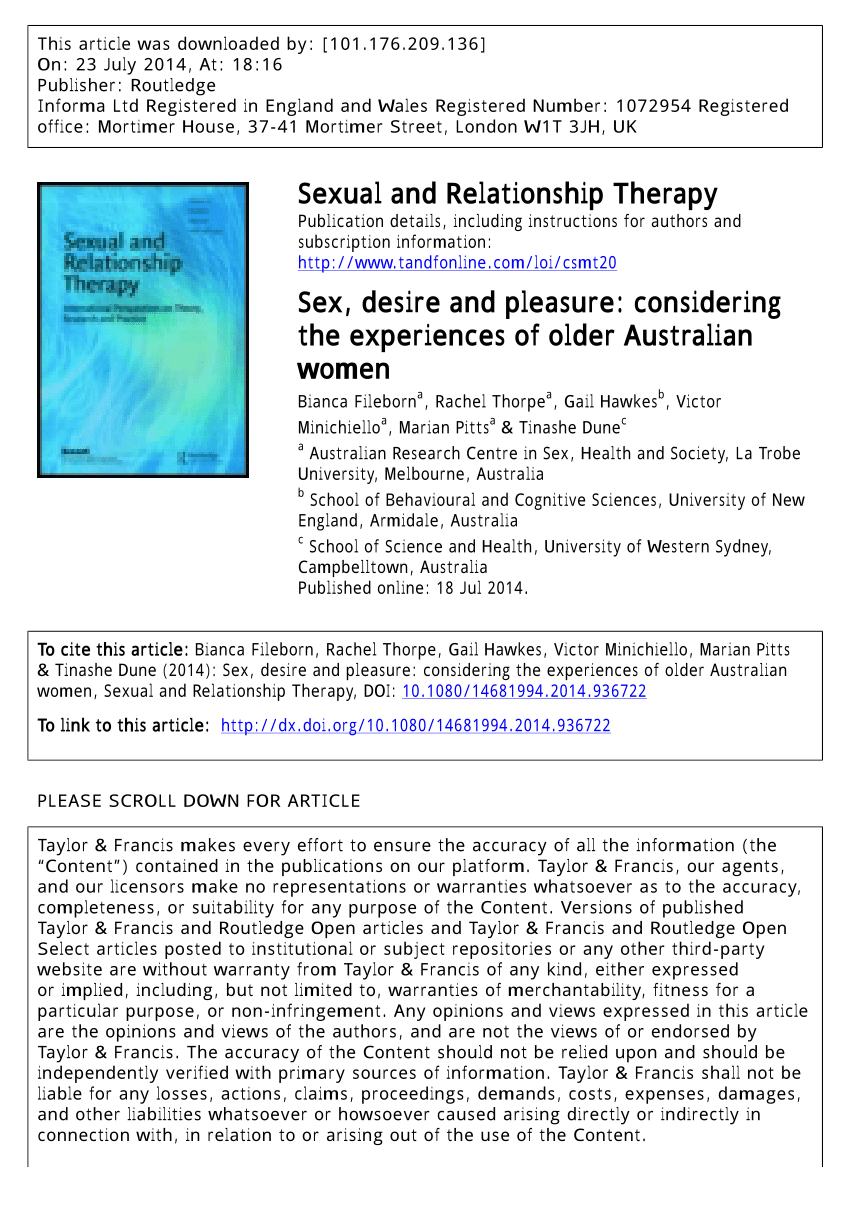 PDF) Sex, desire and pleasure: considering the experiences of older Australian  women