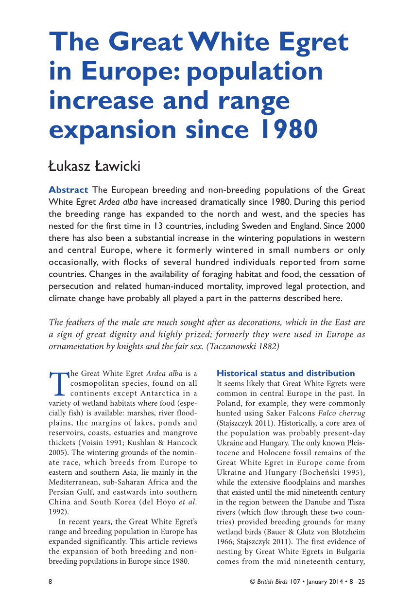 Pdf The Great White Egret In Europe Population Increase And Range Expansion Since 1980