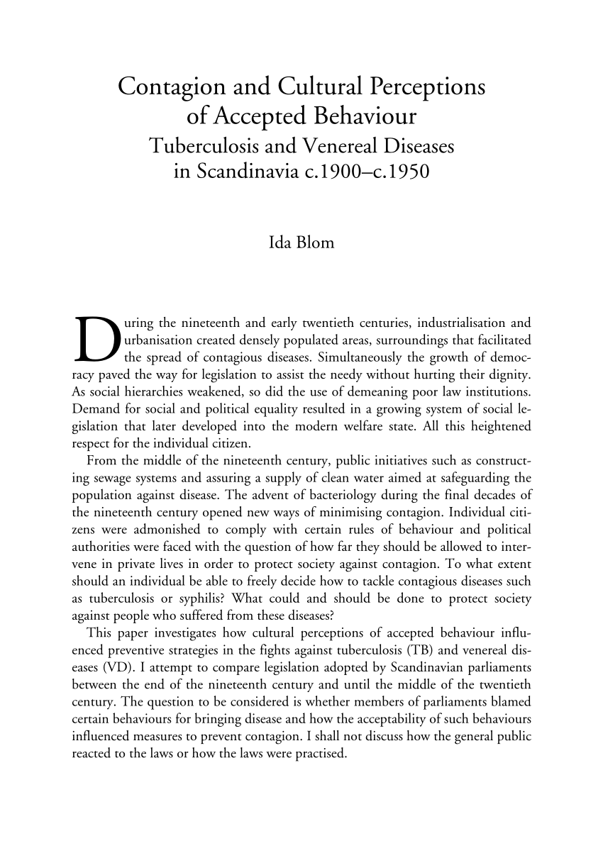 Pdf Contagion And Cultural Perceptions Of Accepted Behaviour Tuberculosis And Venereal Diseases In Scandinavia C 1900 C 1950