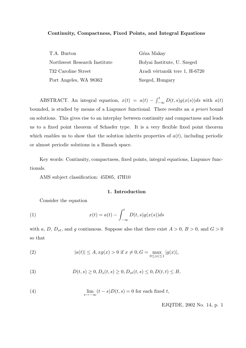 (PDF) Continuity, Compactness, Fixed Points, and Integral Equations
