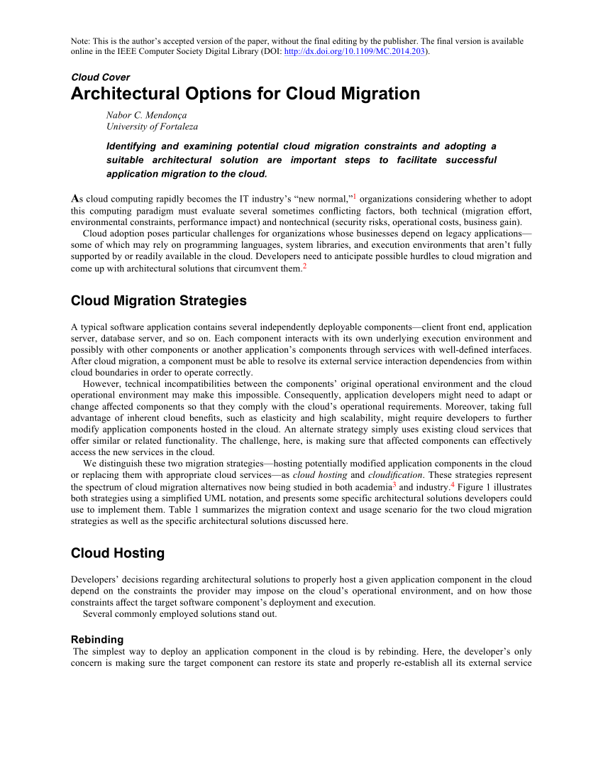 Pdf Architectural Options For Cloud Migration