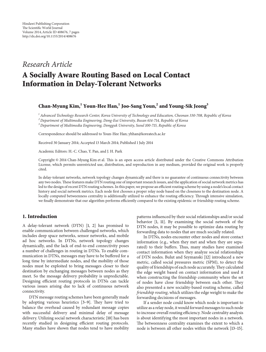 PDF) A Socially Aware Routing Based on Local Contact Information in  Delay-Tolerant Networks