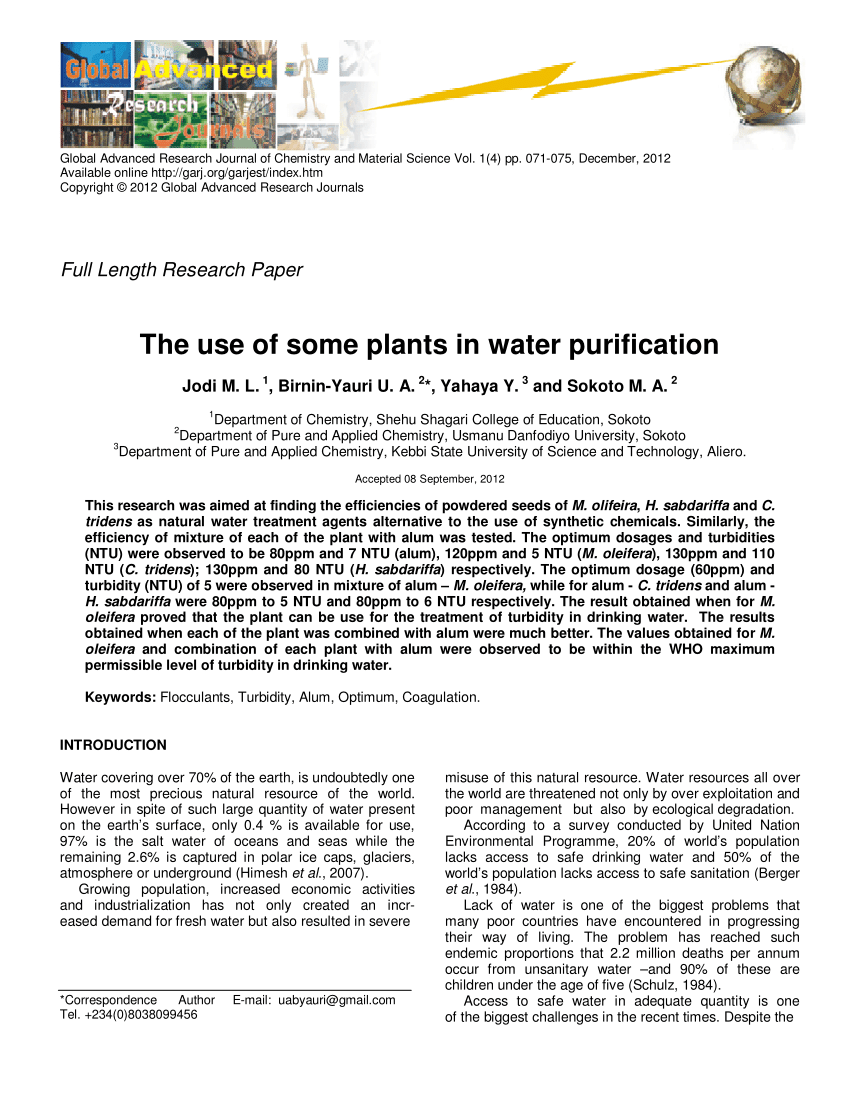 research paper water purification