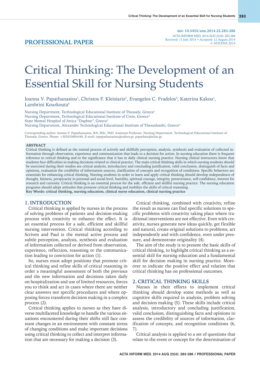 critical thinking the development of an essential skill for nursing