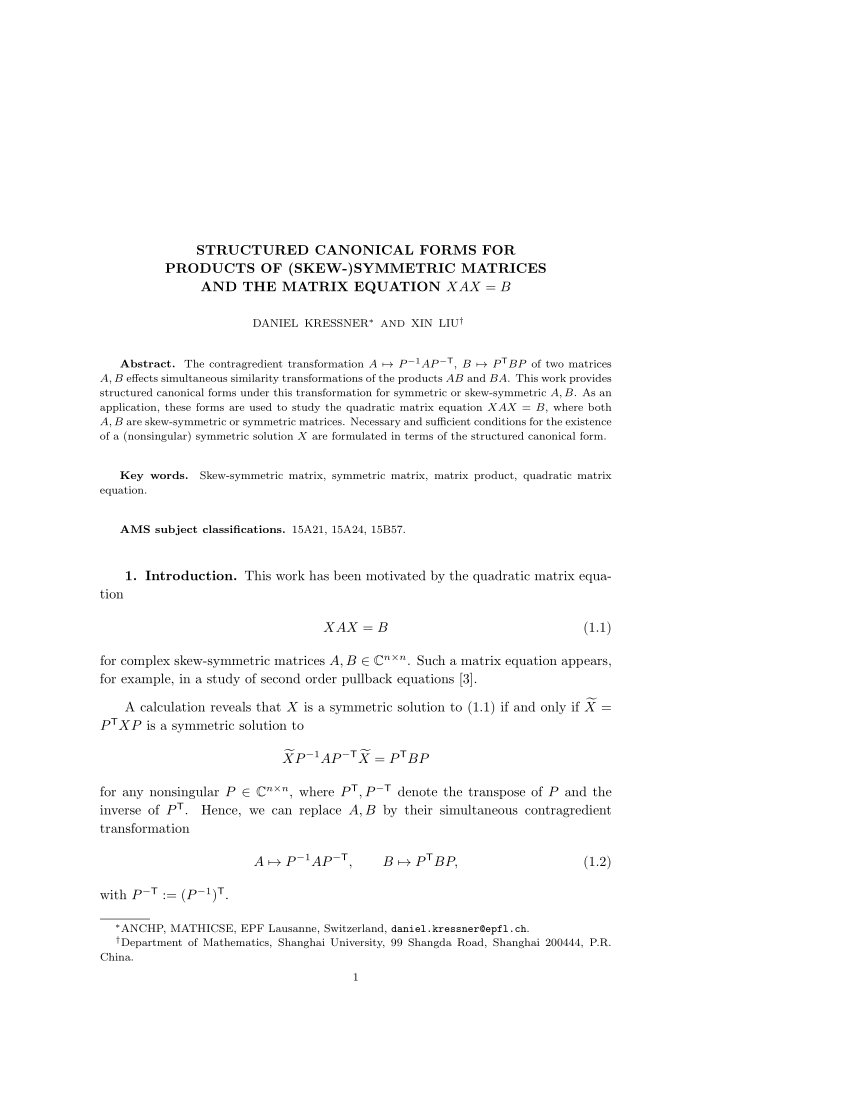 (PDF) Structured Canonical Forms For Products Of (Skew-) Symmetric Sns-Brigh10