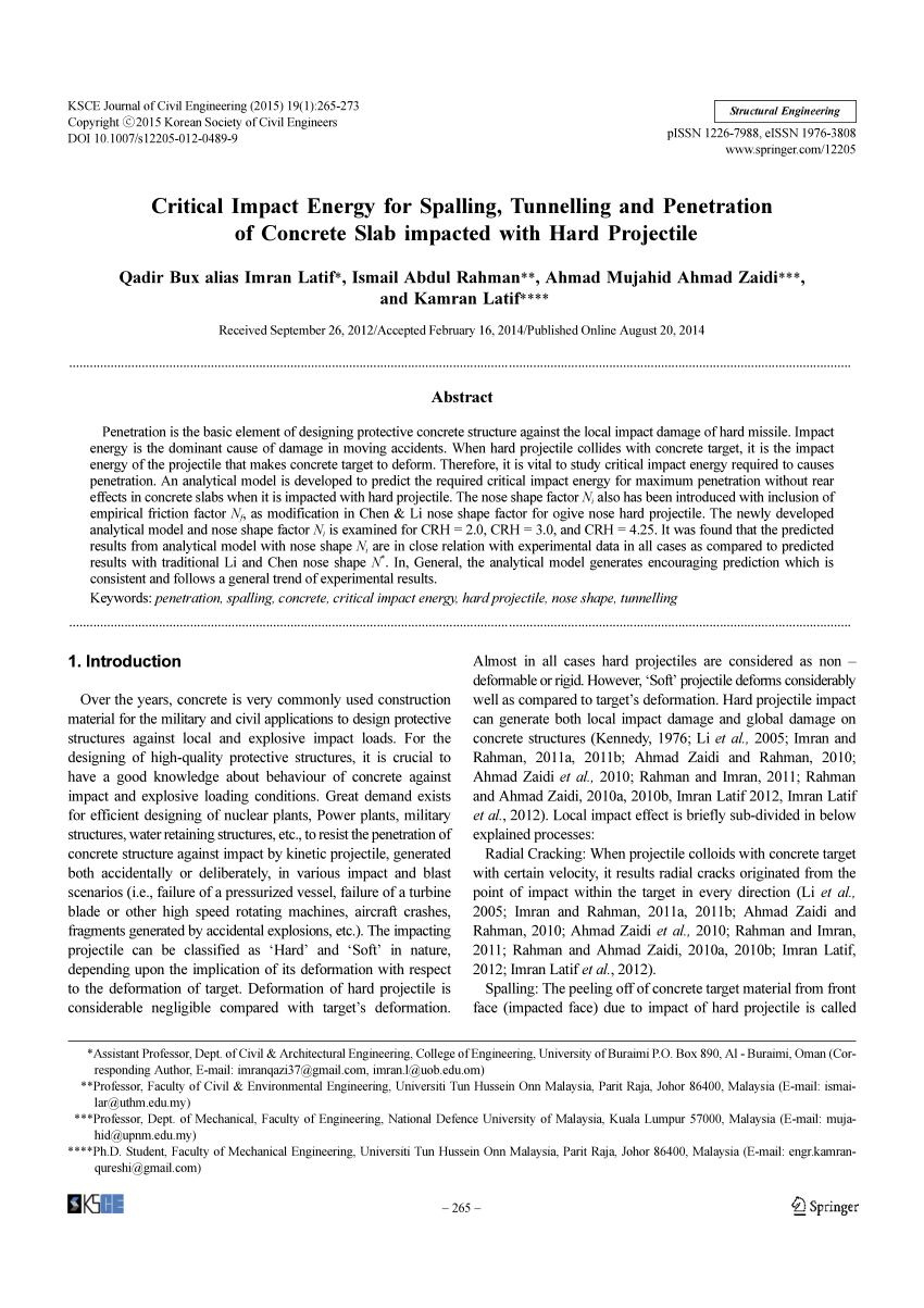 Pdf Critical Impact Energy For Spalling Tunnelling And Penetration Of Concrete Slab Impacted With Hard Projectile