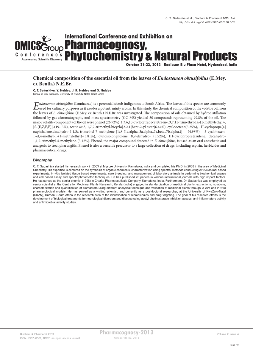 Pdf Chemical Composition Of The Essential Oil From The Leaves Of Endostemon Obtusifolius E Mey Ex Benth N E Br