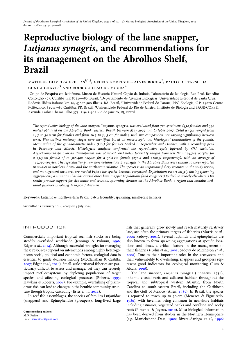 Pdf Reproductive Biology Of The Lane Snapper Lutjanus Synagris And Recommendations For Its Management On The Abrolhos Shelf Brazil