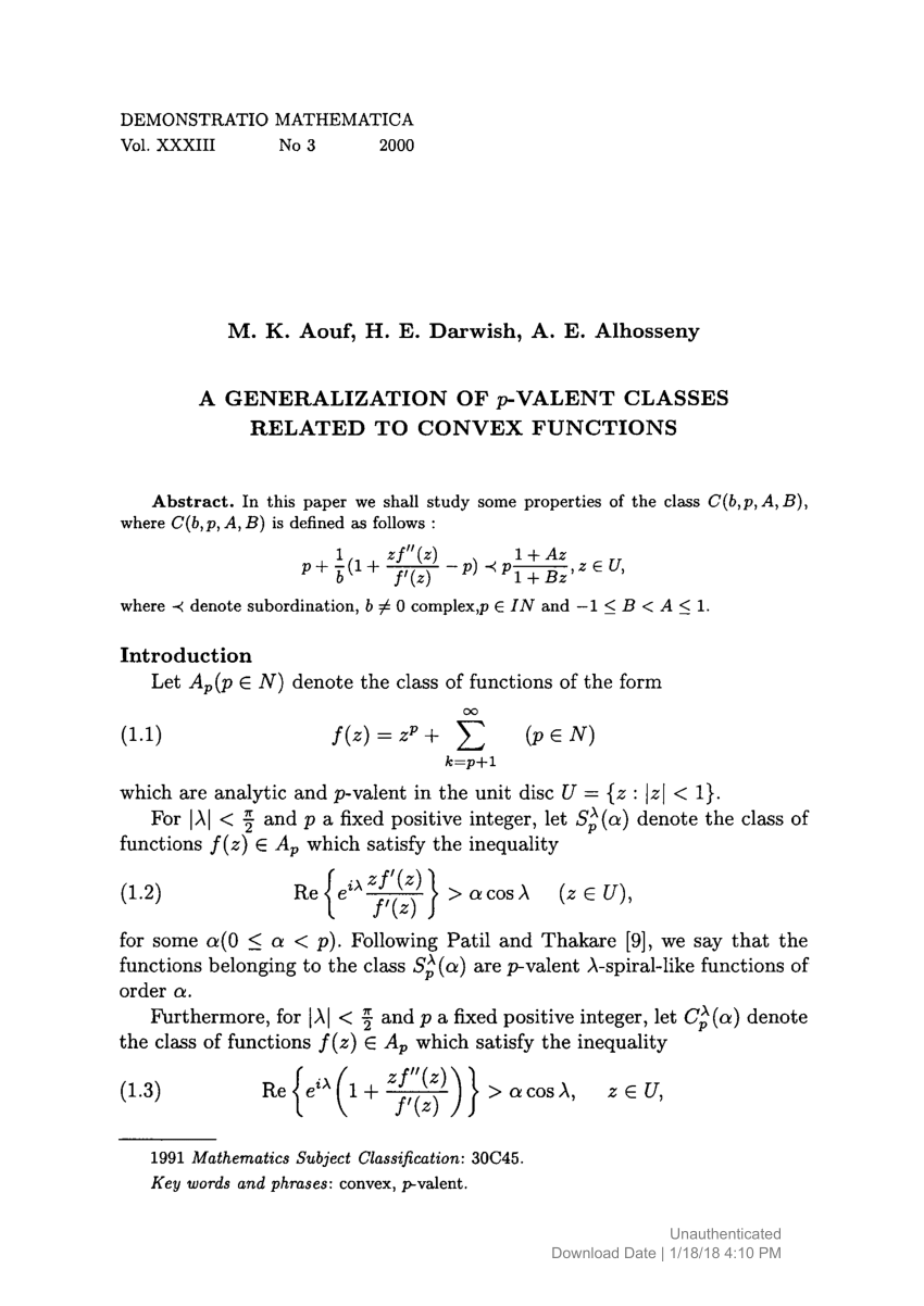 Pdf A Generalization Of P Valent Classes Related To Convex Functions