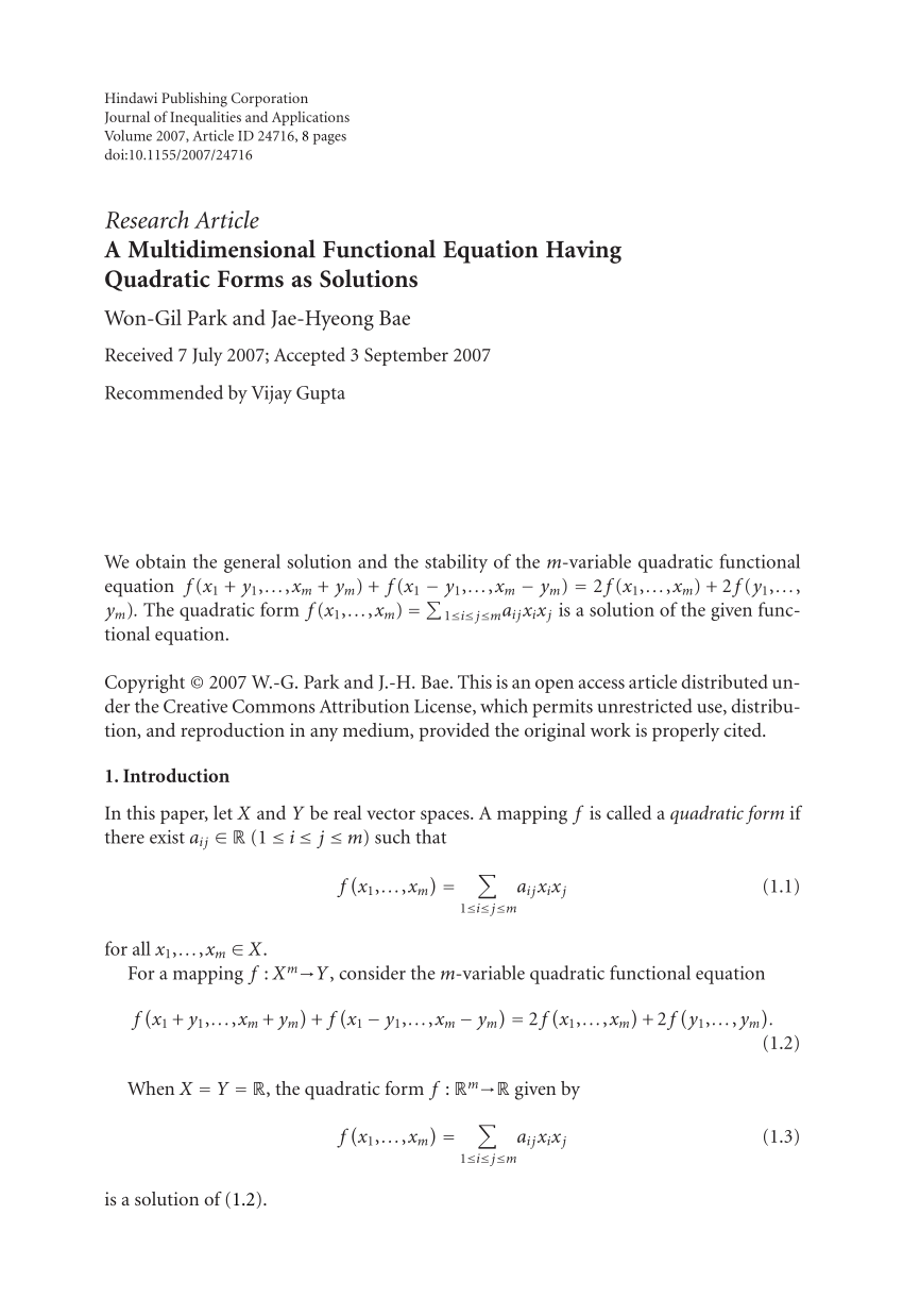 Pdf A Multidimensional Functional Equation Having Quadratic Forms As Solutions