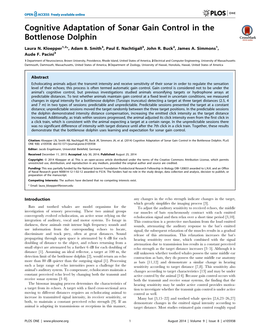 (PDF) Cognitive Adaptation of Sonar Gain Control in the Bottlenose Dolphin