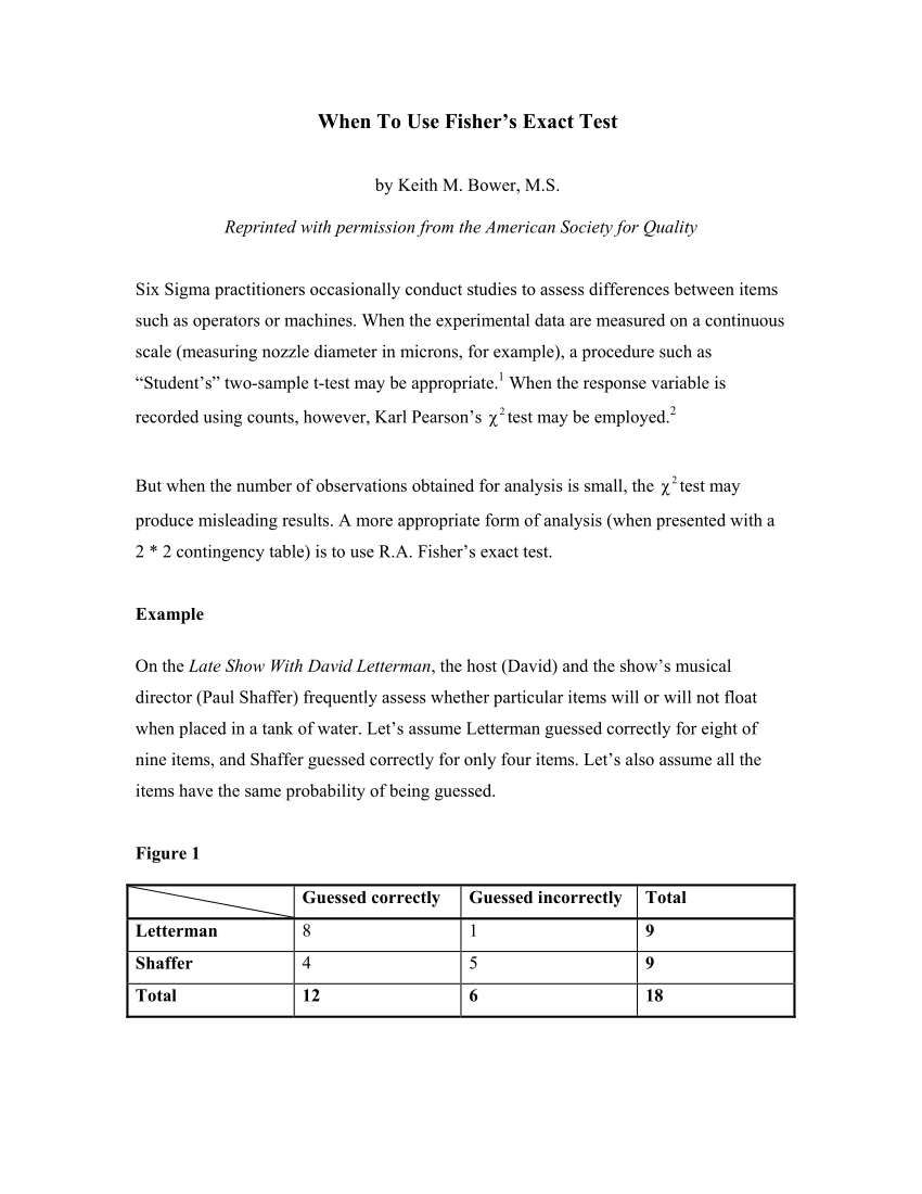 Pdf When To Use Fisher S Exact Test