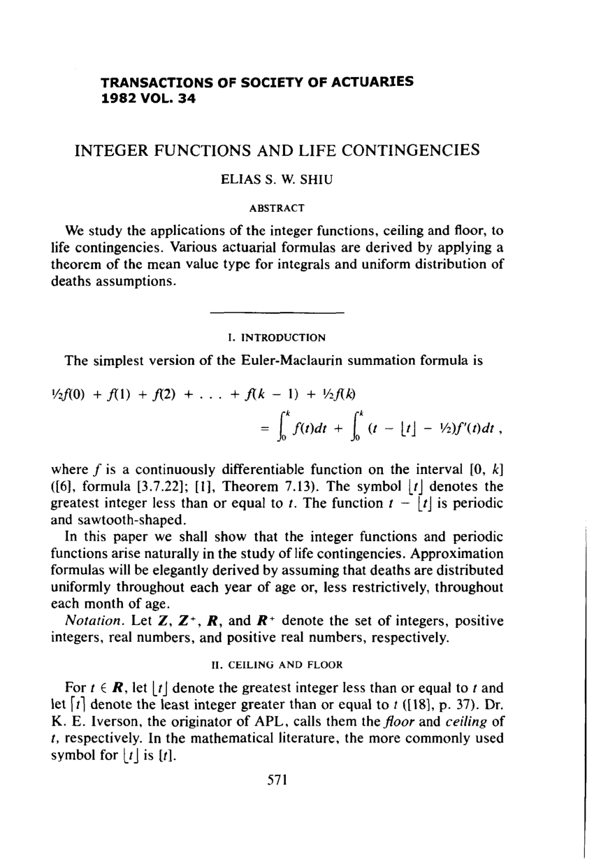PDF) Integer Functions and Life Contingencies