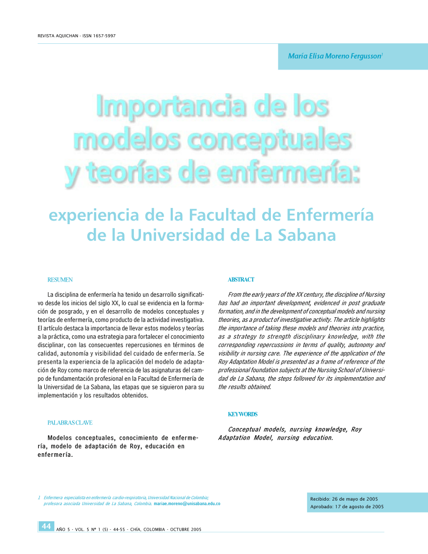 PDF) Importancia de los modelos conceptuales y teorías de enfermería:  experiencia de la Facultad de Enfermería de la Universidad de La Sabana