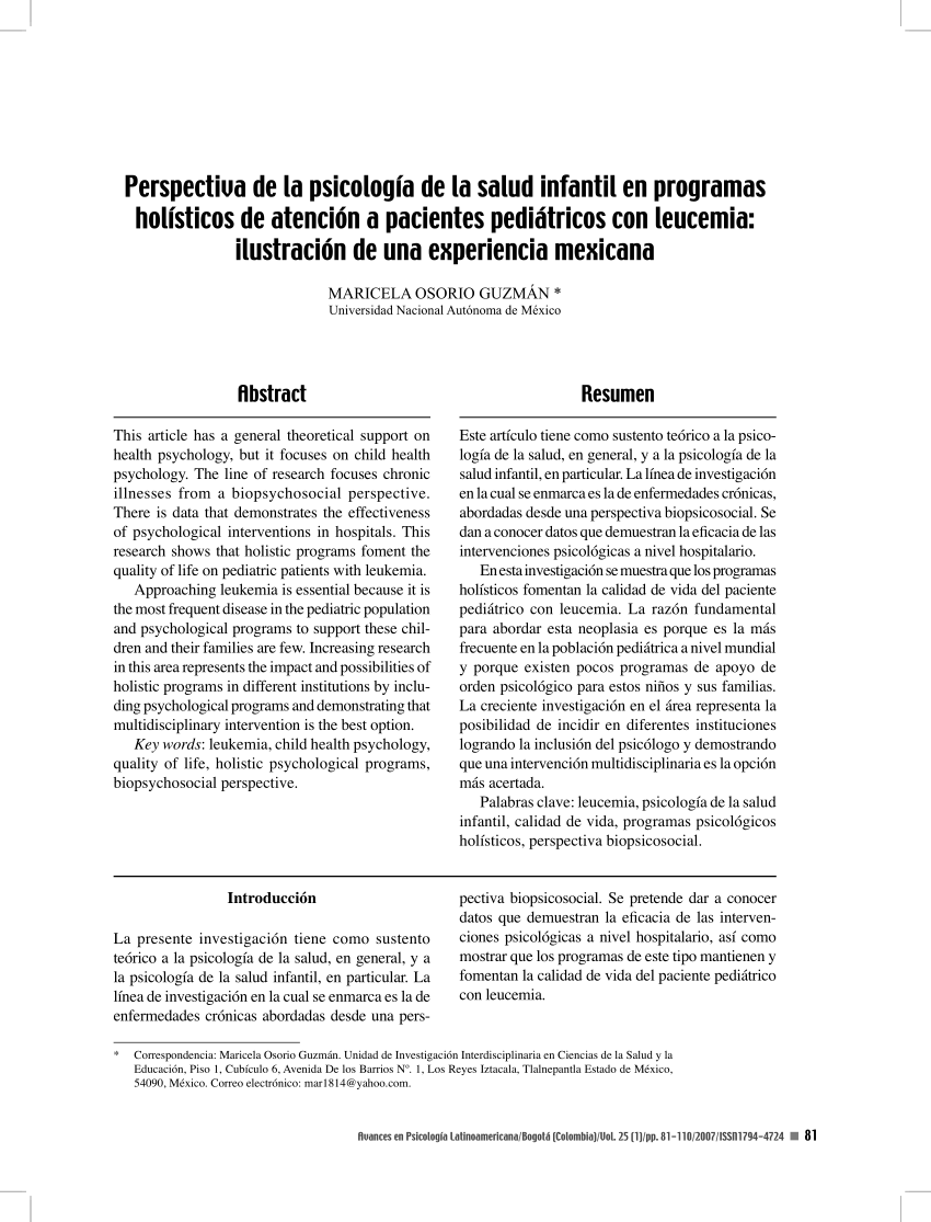 Pdf Perspectiva De La Psicologia De La Salud Infantil En Programas Holisticos De Atencion A Pacientes Pediatricos Con Leucemia Ilustracion De Una Experiencia Mexicana