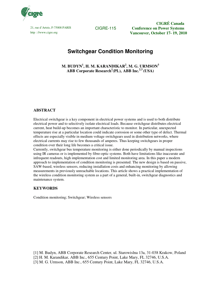 PDF) Switchgear Condition Monitoring