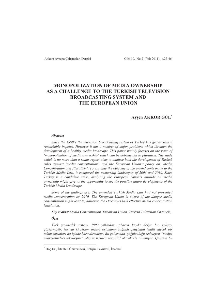 Pdf Monopolization Of Media Ownership As A Challenge To The Turkish Television Broadcasting System And The European Union