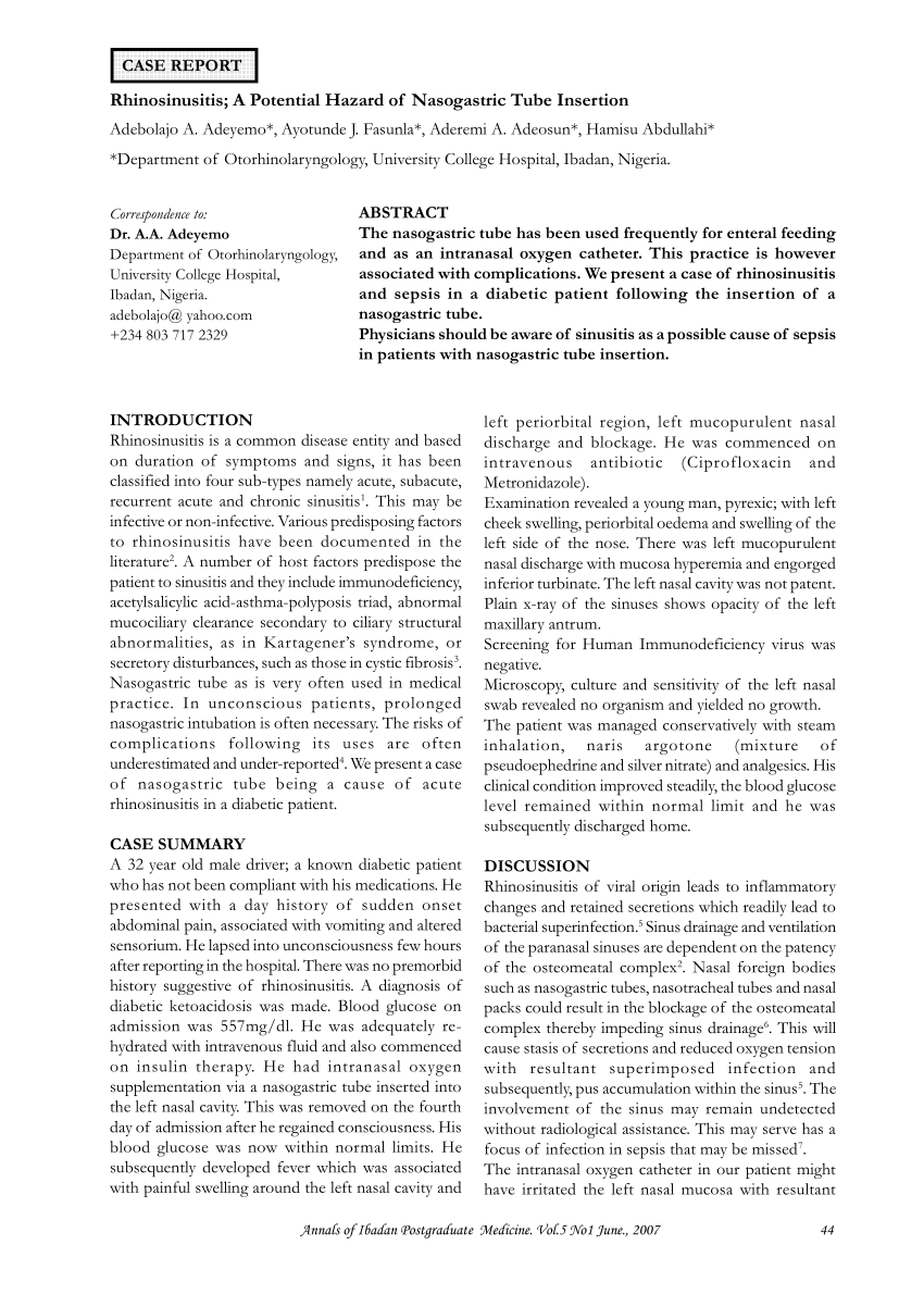 Pdf Rhinosinusitis A Potential Hazard Of Nasogastric Tube Insertion