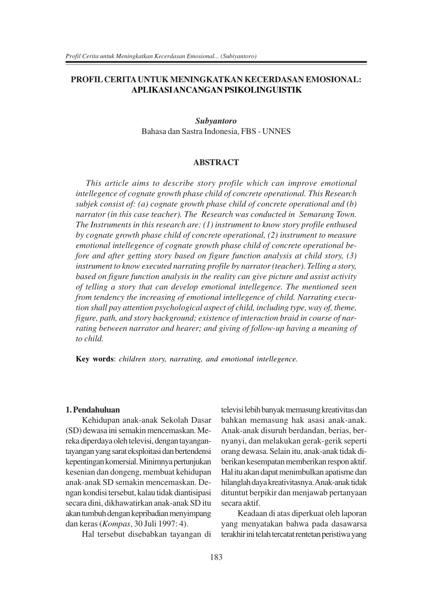 PDF) PROFIL CERITA UNTUK MENINGKATKAN KECERDASAN EMOSIONAL: APLIKASI  ANCANGAN PSIKOLINGUISTIK