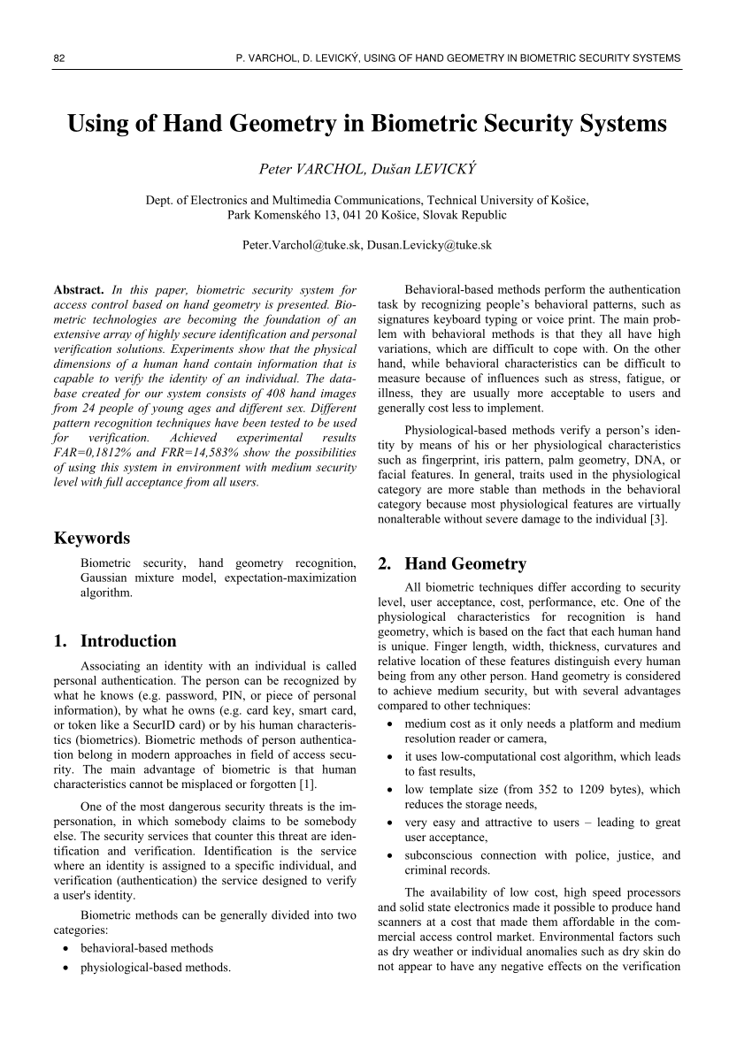 PDF) Using of Hand Geometry in Biometric Security Systems