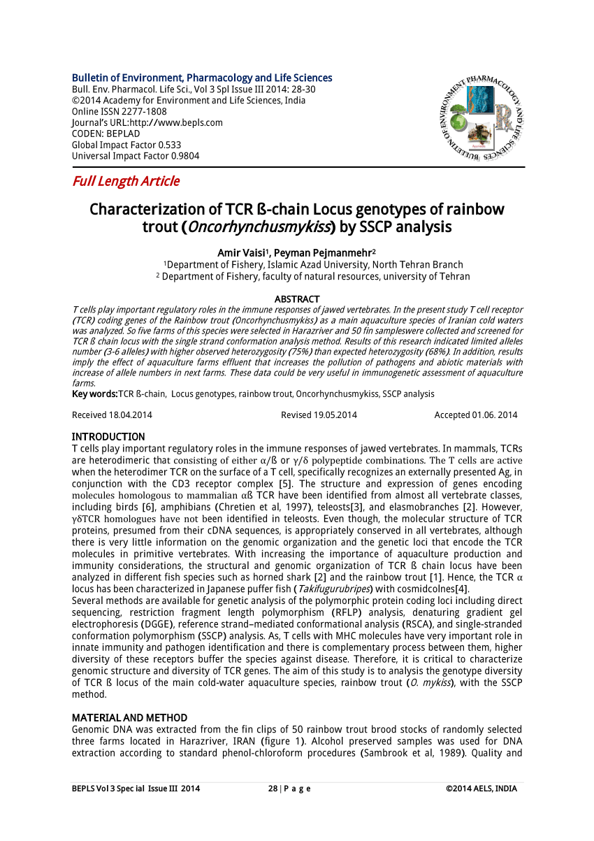 (PDF) Characterization of TCR ß-chain Locus genotypes of rainbow trout Sns-Brigh10