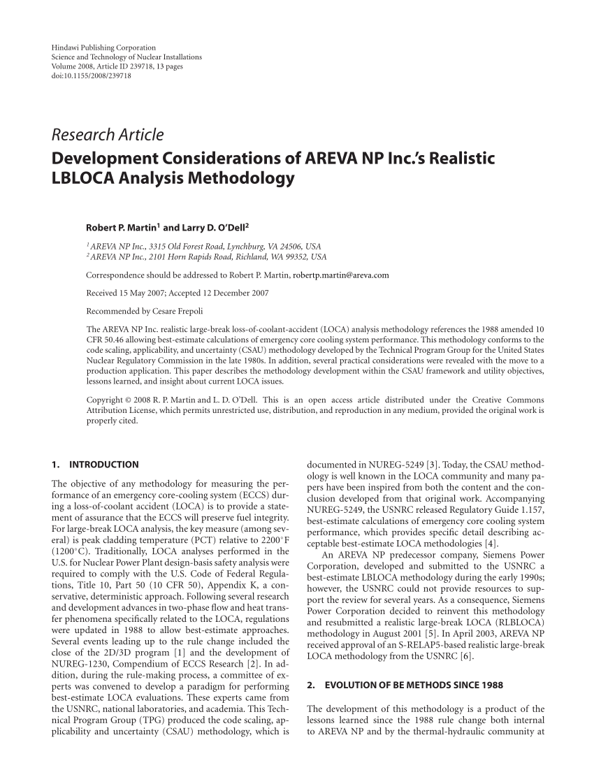 PDF) Development considerations of AREVA NP Inc.'s realistic ...