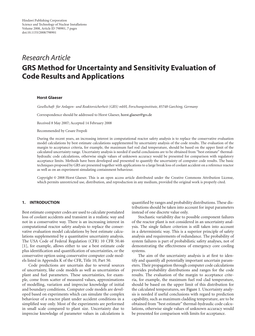 Pdf Grs Method For Uncertainty And Sensitivity Evaluation Of Code Results And Applications