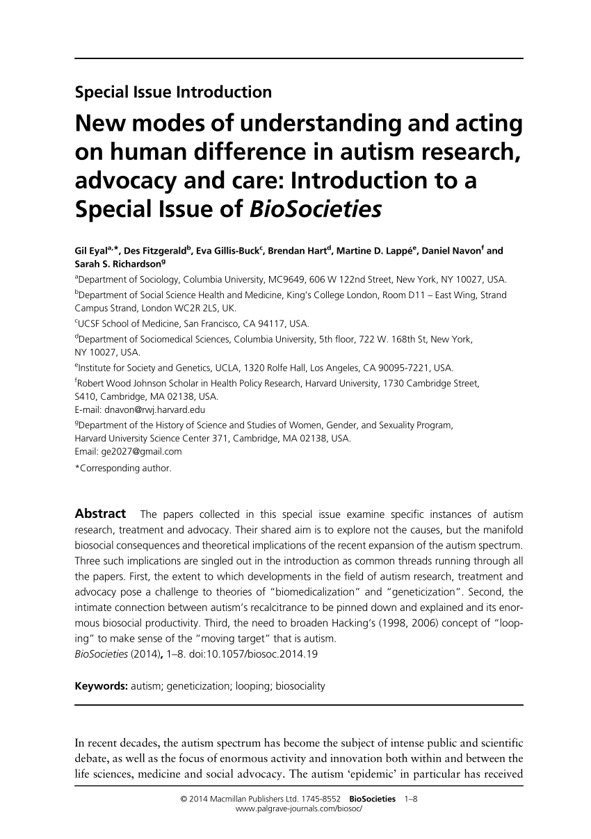 PDF) New modes of understanding and acting on human difference in autism research, advocacy and care Introduction to a Special Issue of BioSocieties