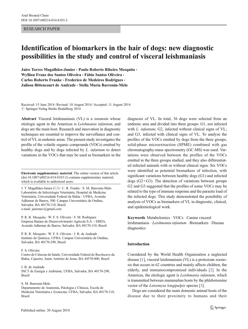 Pdf Identification Of Biomarkers In The Hair Of Dogs New Diagnostic Possibilities In The Study And Control Of Visceral Leishmaniasis