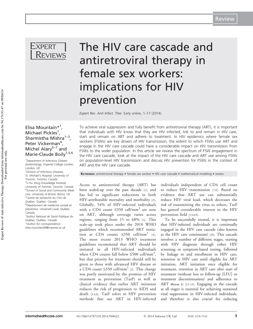 Pdf The Hiv Care Cascade And Antiretroviral Therapy In Female Sex Workers Implications For