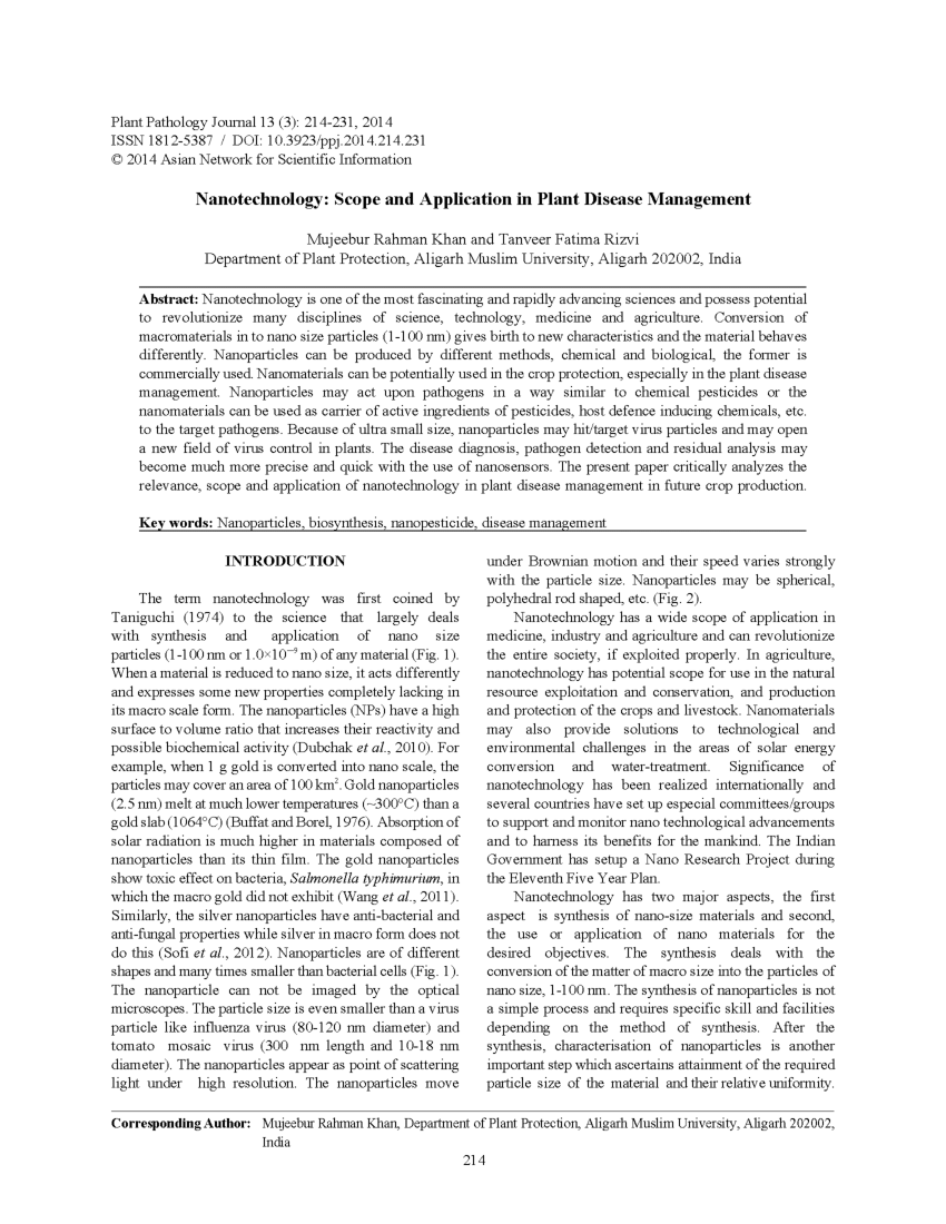 (PDF) Nanotechnology: Scope and Application in Plant Disease Management