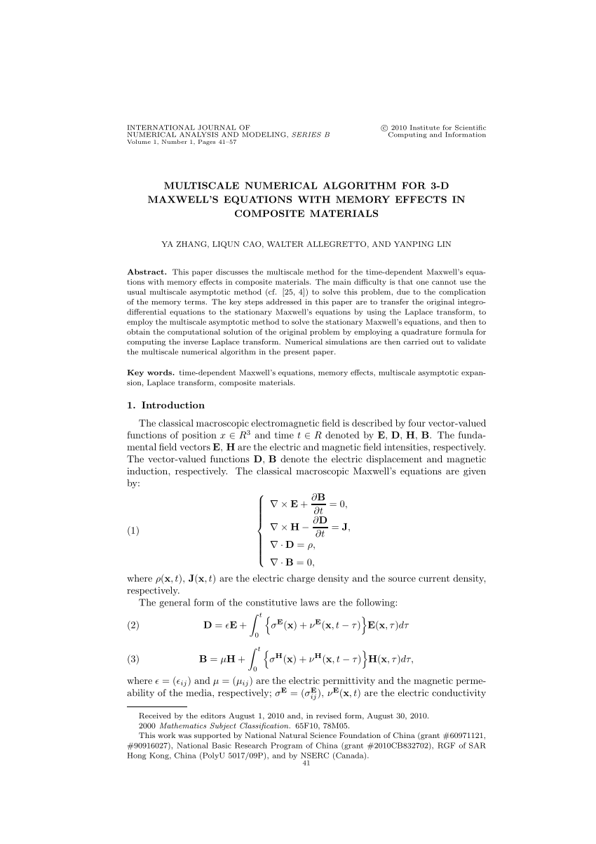 Pdf Multiscale Numerical Algorithm For 3 D Maxwell S Equations With Memory Effects In Composite Materials