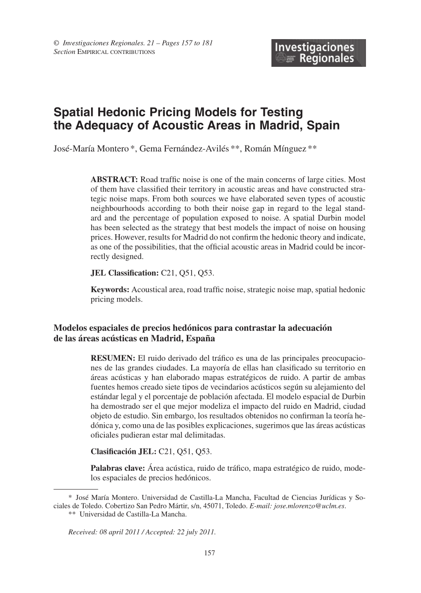 Pdf Spatial Hedonic Pricing Models For Testing The Adequacy Of Acoustic Areas In Madrid Spain