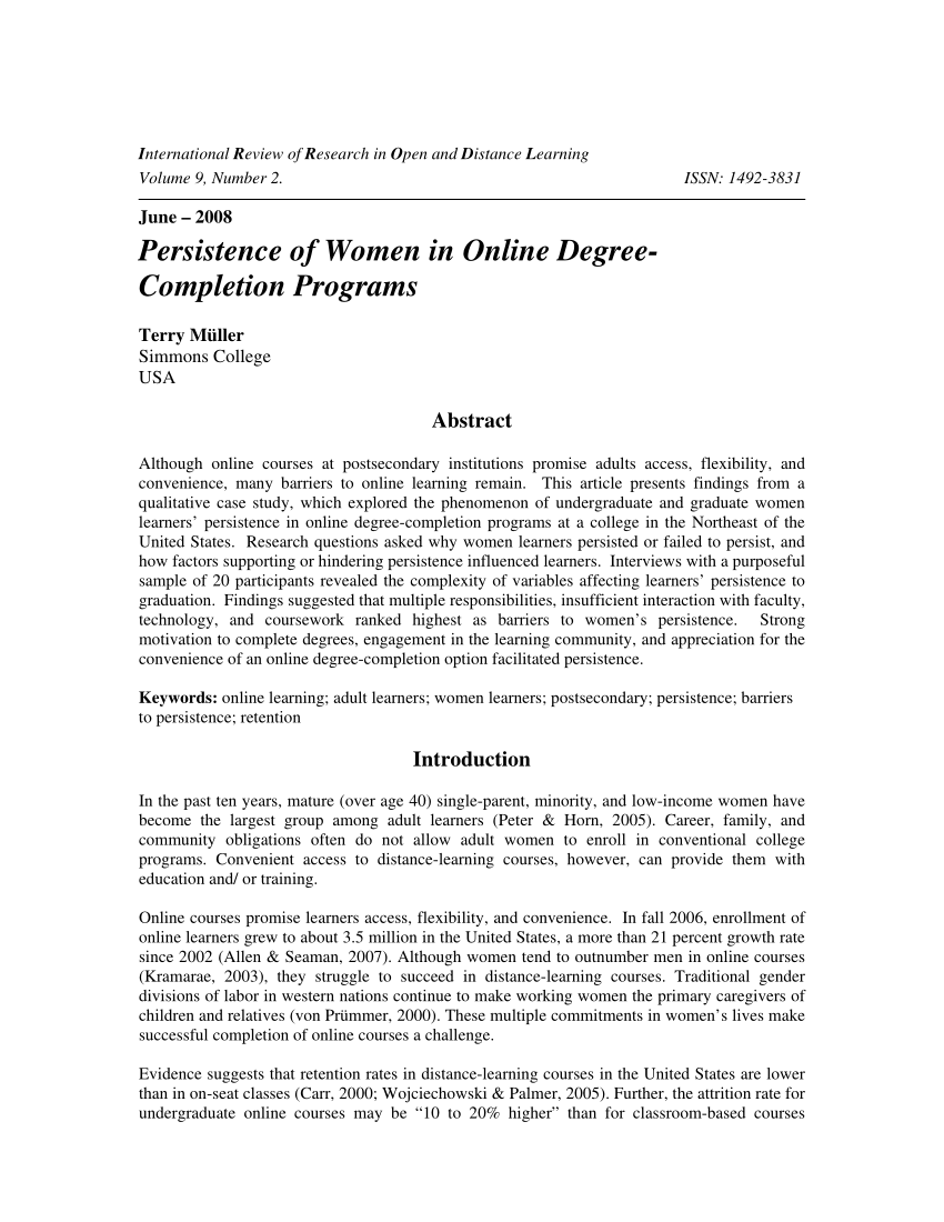 Pdf Persistence Of Women In Online Degree Completion Programs