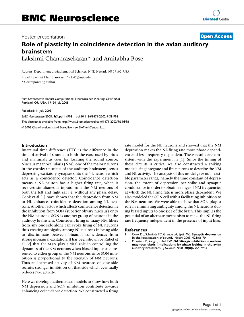 Pdf Role Of Plasticity In Coincidence Detection In The Avian Auditory Brainstem