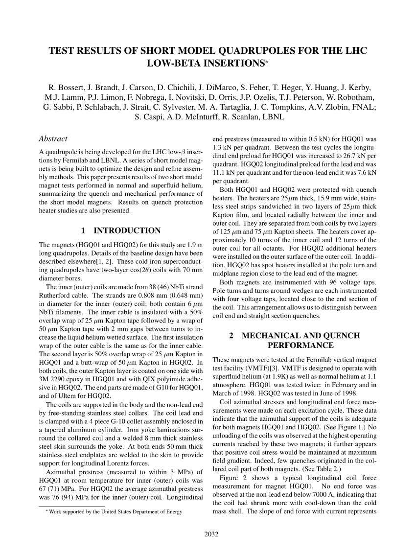Pdf Test Results Of Short Model Quadrupoles For The Lhc Low Beta Insertions