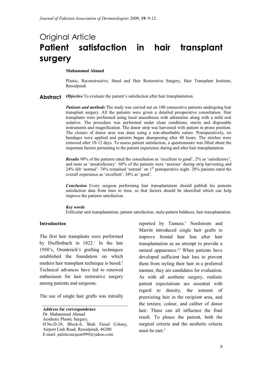 PDF) Patient satisfaction in hair transplant surgery